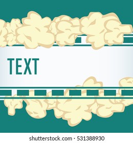 Popcorn. Film strip border. Cinema movie night icon in flat design style. Bright background. 