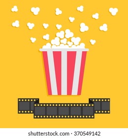 Popcorn. Film strip ribbon line. Red yellow box. Cinema movie night icon in flat design style. Vector illustration