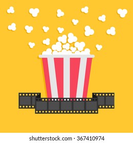 Popcorn. Film strip ribbon. Red yellow box. Cinema movie night icon in flat design style. Vector illustration