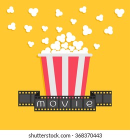 Popcorn. Film strip ribbon. Red yellow box. Cinema movie night icon in flat design style. Yellow background. Vector illustration