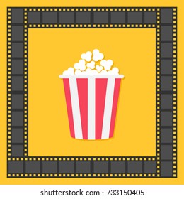 Popcorn. Film strip square frame. Red yellow box. Cinema movie night icon in flat design style. Yellow background. Isolated. Vector illustration