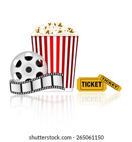 Popcorn, film tape and tickets