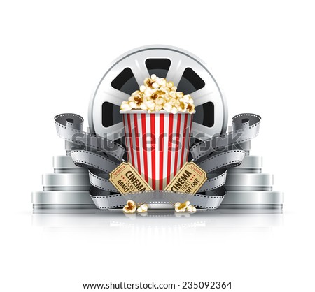 Popcorn film-strips and disks with cinema tickets to movie theater. Eps10 vector illustration. Isolated on white background