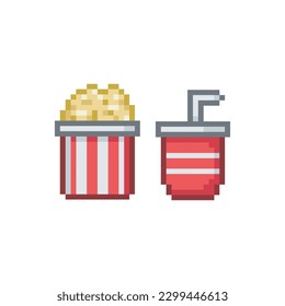 Popcorn and fizzy drink, pixel art food