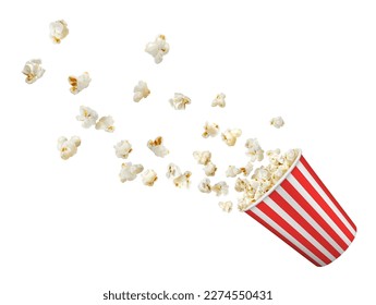 Popcorn flakes flying to bucket, realistic popcorn box isolated on white vector background. Popcorn splash from red white striped bucket for cinema snack or movie theater fast food menu