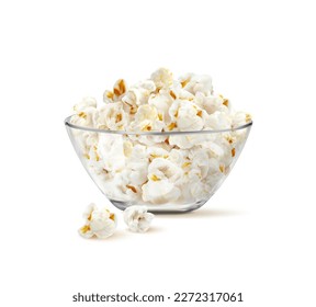 El palomitas de maíz en el tazón de vidrio. Vector 3d aislado, taza transparente realista y realista llena de bocadillos de maíz pop y semillas dispersas alrededor. Comida deliciosa, cine o cine, postre y comida rápida