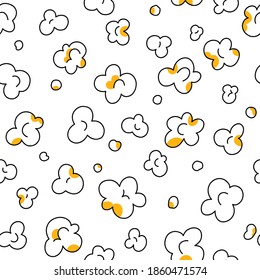 Popcorn fluffy flakes outlined on white background, vector seamless pattern