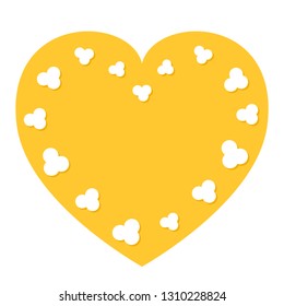 Popcorn flying heart shape frame. I love cinema movie night. Flat design style. Yellow background. Isolated. Vector illustration
