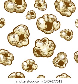 Popcorn food color seamless pattern vector illustration. Scratch board style imitation. Black and white hand drawn image.