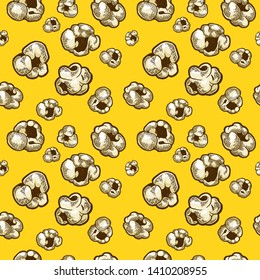 Popcorn food color sketch engraving seamless pattern on yellow background vector illustration. Scratch board style imitation. Black and white hand drawn image.