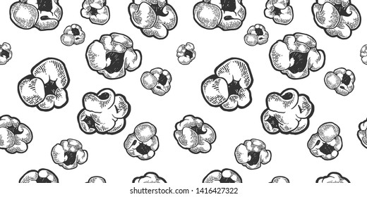 Popcorn food sketch engraving seamless pattern on white background vector illustration. Scratch board style imitation. Black and white hand drawn image.