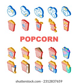 popcorn food snack cinema icons set vector. movie corn, pop bucket, entertainment box, delicious, tasty film, red white striped popcorn food snack cinema isometric sign illustrations