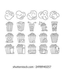 Popcorn Essen Snack Kino Icons setzen Vektor. Film Mais, Pop Eimer, Unterhaltungsbox, lecker, lecker Film, rot weiß gestreifte Popcorn Essen Snack Kino schwarze Kontur Illustrationen