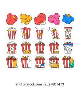 popcorn food snack cinema icons set vector. movie corn, pop bucket, entertainment box, delicious, tasty film, red white striped popcorn food snack cinema color Contour Illustrations