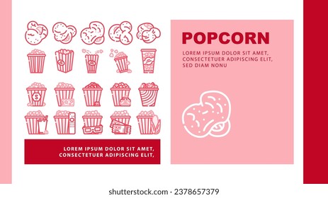 popcorn food snack cinema landing web page vector. movie corn, pop bucket, entertainment box, delicious, tasty film, red white striped popcorn food snack cinema Illustration