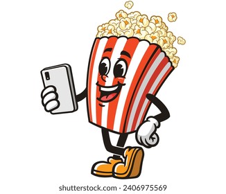 Popcorn with gadget cartoon mascot illustration character vector hand drawn clip art