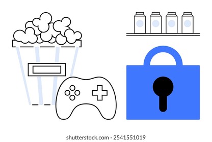 Popcorn, game controller, large blue padlock, and four milk cartons on a shelf. Ideal for entertainment, gaming, security, snacks, and dairy products