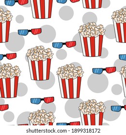 Popcorn, glasses seamless pattern of symbolic elements on a white background, going to the cinema symbols vector illustration