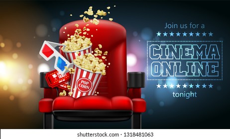 Popcorn, glasses and tickets  on a theater chair. 3D vector. High detailed realistic illustration