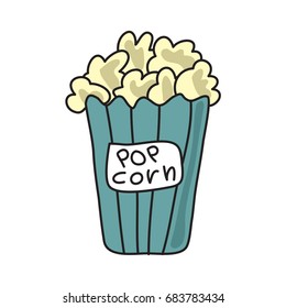 Popcorn in green bucket box. Vector illustration, isolated on white background.