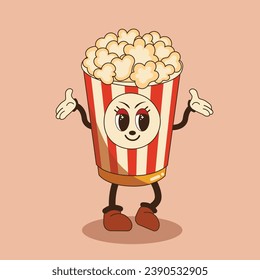 Popcorn. Groovy fast food character in retro style. Cinema design. Movie concept. Vector vintage illustration. Nostalgia for the 70s, 80s, 90s. Trendy retro psychedelic style. Y2k aesthetic.