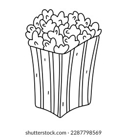 Popcorn in hand drawn doodle style. Vector illustration isolated on white background, Coloring book.