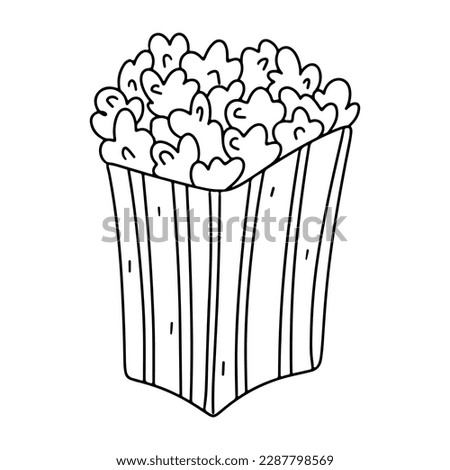 Popcorn in hand drawn doodle style. Vector illustration isolated on white background, Coloring book.