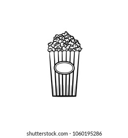 Popcorn hand drawn outline doodle icon. Striped cardboard bucket full of popcorn vector sketch illustration for print, web, mobile and infographics. Food for entertainment event and circus show.