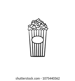 Popcorn hand drawn outline doodle icon. Striped cardboard bucket full of popcorn vector sketch illustration for print, web, mobile and infographics. Food for entertainment event and circus show.