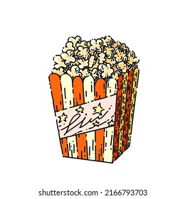 popcorn hand drawn vector. pop corn, cinema movie box, food bucket, film snack, red bag container popcorn sketch. isolated color illustration