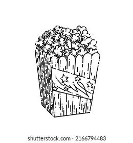 popcorn hand drawn vector. pop corn, cinema movie box, food bucket, film snack, red bag container popcorn sketch. isolated black illustration