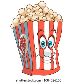 Popcorn. Happy Fast Food concept. Funny Emoticon. Smiley idea. Emoji cartoon design for kids coloring book, colouring page, t-shirt print, icon, logo, label, patch, sticker.