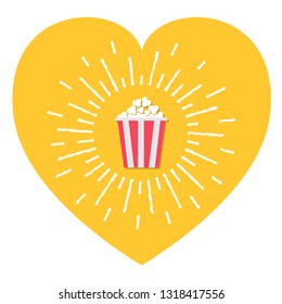 Popcorn. Heart shape. I love movie cinema icon in flat design style. Shining effect dash line. Yellow background. Vector illustration