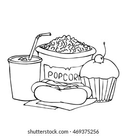 Popcorn, hot dog, soda takeaway. Fast food concept. Hand drawn vector stock illustration. Black and white whiteboard drawing.