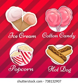 Popcorn, Ice cream, Cotton candy, Hot dog, a set of logos for your products, a bucket for purchases when you watch movies. Shortcut, wrapping Miniature fast food Vector illustration for your design