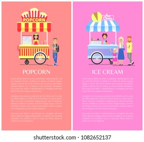 Popcorn ice cream set with text samples, popcorns icecream stalls full of information, vendors and buyers vector illustration posters isolated