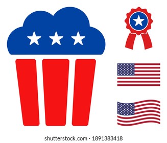 Popcorn icon in blue and red colors with stars. Popcorn illustration style uses American official colors of Democratic and Republican political parties, and star shapes. Simple popcorn vector sign,