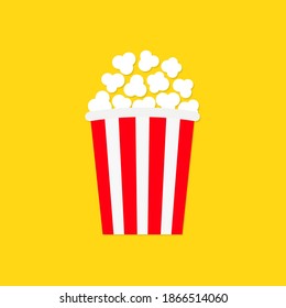 Popcorn icon. Cinema movie night. Big size white red strip box. Pop corn food. Cute movie cinema banner decoration template. Flat design style. Yellow background. Isolated. Vector illustration