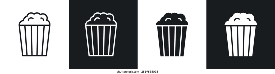 Popcorn icon collection in black and white filled and stroke line style.