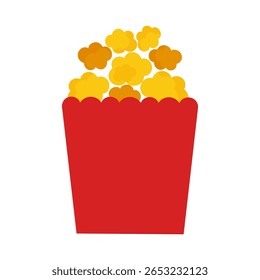 Popcorn icon, corn box, pop bucket bag, cartoon cinema food, red paper container with yellow night snack isolated on white background. Fun vector illustration