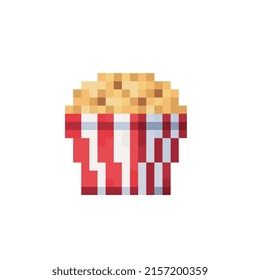 Popcorn icon. Flat design. Pixel art style. Fast food at the cinema. 8-bit. Isolated vector illustration. 