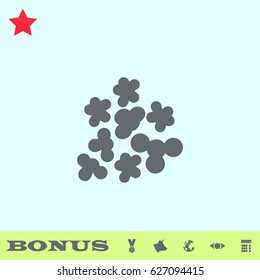 Popcorn icon flat. Grey pictogram on blue background. Vector illustration symbol and bonus buttons medal, cow, earth, eye, calculator
