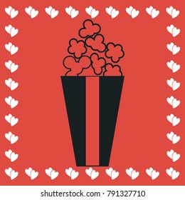 Popcorn icon flat. Simple black pictogram on red background with white hearts for valentines day. Vector illustration symbol
