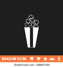 Popcorn icon flat. White pictogram on black background. Vector illustration symbol and bonus button tooth, vase, star, mirror, bottle