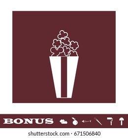 Popcorn icon flat. White pictogram on brown background. Vector illustration symbol and bonus icons