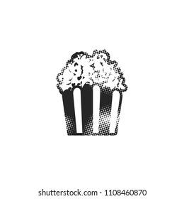 Popcorn icon in halftone style. Black and white monochrome vector illustration.