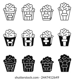 Popcorn icon illustration collection. Black and white design icon for business. Stock vector.