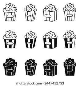 Popcorn icon illustration collection. Black and white design icon for business. Stock vector.