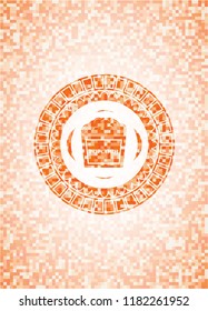popcorn icon inside abstract emblem, orange mosaic background