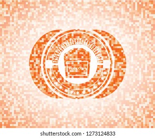 popcorn icon inside abstract emblem, orange mosaic background